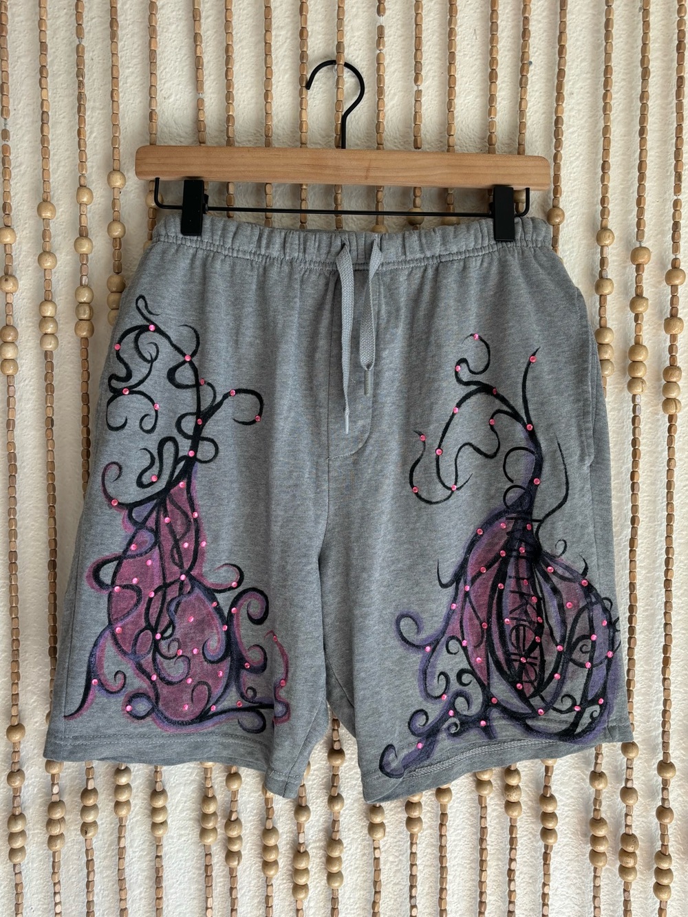 Upcylced Unique Y2K Swirl Art to Wear  Embellished Grey Pink Black Shorts Med